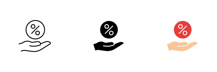 Hand icon with percent. Credit, mortgage, insurance, installments. Vector set of icons in line, black and colorful styles isolated on white background.