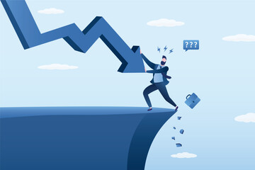 Fototapeta premium Falling graph pushes businessman to abyss, entrepreneur fighting with economic and financial crisis, bankruptcy. Dismissal of an employee due to financial problems at company.
