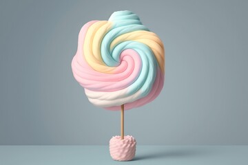 Minimalist 3D render of a fluffy, pastel-colored cotton candy swirl on a stick | soft pop | generative AI