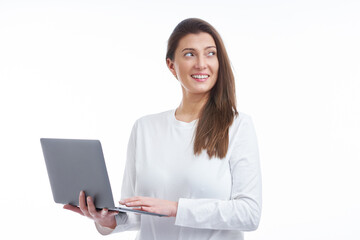 Isolated picture of brunette woman on white background with computer
