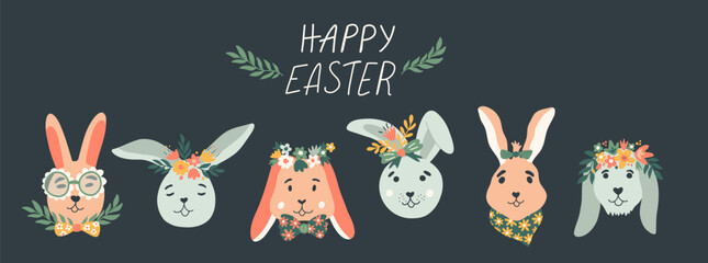 Happy Easter collection with bunny in a bow tie, lettering, flowers and easter eggs. Hand drawn vector illustration for cute advent, greeting card, banner, t shirt, print, decoration and more.