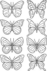 Hand drawn vector butterfly set. Doodle style, line art. Black and white illustrations
