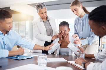 Cry, sad business woman and team support for African person crying over investment fail, administration mistake or problem. Mental health crisis, depression and hr employee with community group help