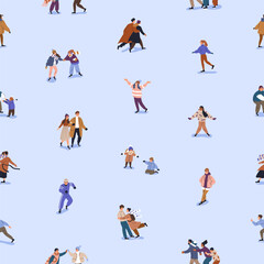 Fototapeta na wymiar Ice rink, seamless pattern. People skating on winter holidays, repeating print. Happy skaters characters, sport fun, entertainment, endless background, texture design. Flat vector illustration