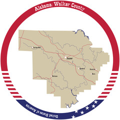 Map of Walker county in Alabama, USA arranged in a circle.