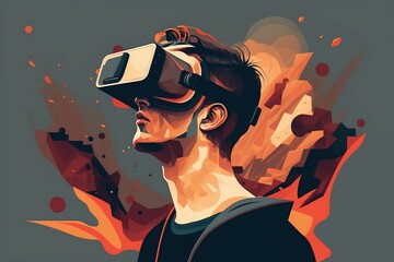 Young man wearing virtual reality goggles. Future technology concept, augmented reality. Generative AI