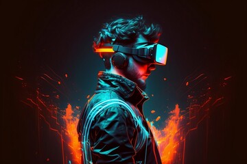 Young man in glasses of virtual reality on dark background. Augmented reality. Generative AI