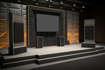 Conference room interior with LED screen on stage and sound system. Generative AI