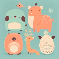 An illustration for a children's room or a greeting card for a child, a drawing as if drawn by a child, a cute illustration of animals on a pastel background, gentle colors. Generative AI.