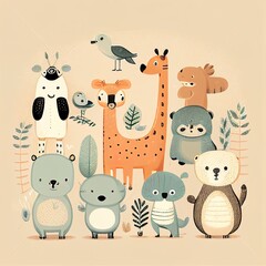 An illustration for a children's room or a greeting card for a child, a drawing as if drawn by a child, a cute illustration of animals on a pastel background, gentle colors. Generative AI.