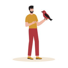 Flat design of man with pet bird. Illustration for website, landing page, mobile app, poster and banner. Trendy flat vector illustration