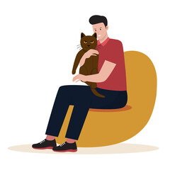 Man hugging her pet cat. Illustration for website, landing page, mobile app, poster and banner. Trendy flat vector illustration