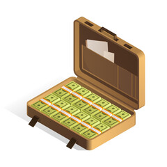 A Suitcase of Money. Packing in bundles of bank notes. Isolated on white background. Isometric.
