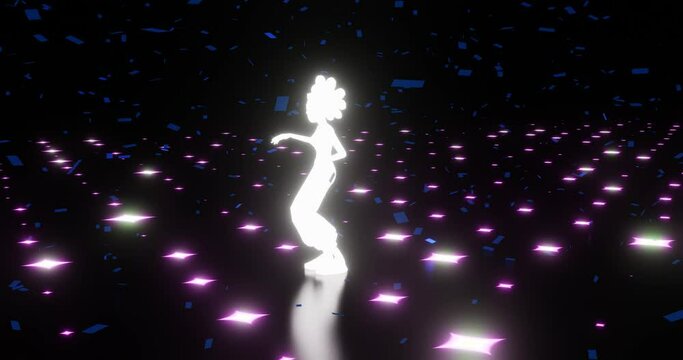 Glowing silhouette of a teenage girl dancing alone at a party while confetti falls down. 4k loop animation