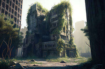 post-apocalyptic scenery with destroyed building structures, generative ai illustration