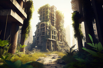 post-apocalyptic scenery with destroyed building structures, generative ai illustration