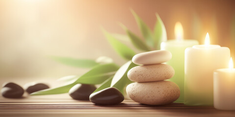 Zen spa relaxation. Concept Feng Shui. Ambiance salon de beauté massage. Bannière avec bambou et pierres empilées. Atmosphère calme et reposante. Generative AI