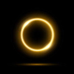 Glowing neon yellow circle isolated on black background. Round electric gold light frame. Geometric fashion design vector illustration. Empty minimal ring art decoration