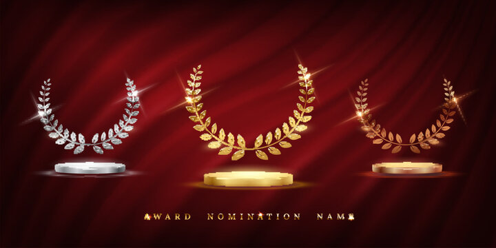 Golden, silver and bronze award signs with podiums and laurel wreath isolated on red waving curtain background. Vector award trophy design template