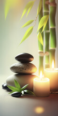Fototapeta na wymiar Zen spa relaxation. Concept Feng Shui. Ambiance salon de beauté massage. Bannière avec bambou et pierres empilées. Atmosphère calme et reposante. Generative AI