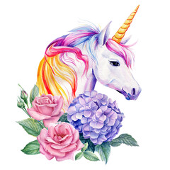 Unicorn decorated with flowers rose, hydrangea on an isolated white background, watercolor illustration, cute unicorn © Hanna