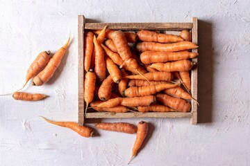 Top View of Organic Carrots in a Wooden Tray Isolate on White Wooden Background