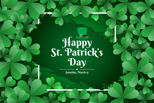 Realistic happy St. Patrick's day background with green leaves and thin rectangular lines.