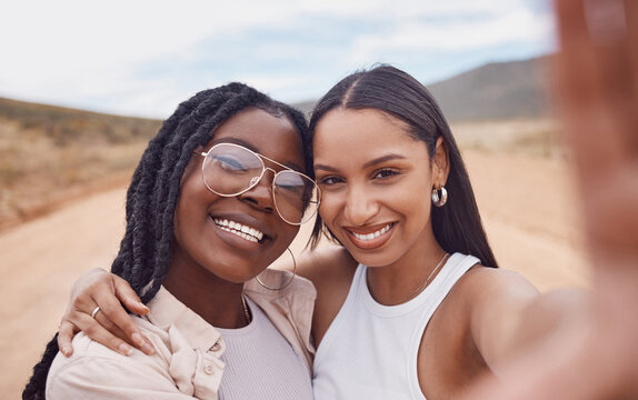 Black woman, friends and portrait for selfie, travel or holiday journey adventure in safari together. Happy women smile for photo memories, online post or profile picture on vacation in the outdoors