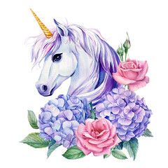 Unicorn decorated with flowers on an isolated white background, watercolor illustration, cute unicorn © Hanna