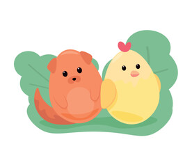 Cute Easter chicken and dog on white background