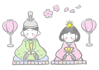 Hinamatsuri Brush-written Japanese-style dolls Cute hand-drawn illustration set / ひなまつり 筆書きの和風な雛人形 かわいい手描きのイラストセット