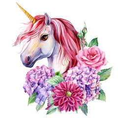 Obraz na płótnie Canvas Unicorn with flowers rose, dahlia, hydrangea. Isolated white background, watercolor illustration, cute unicorn