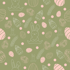 Many drawn Easter eggs, bunnies and cakes on color background. Texture for design