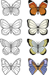 Hand butterflies. Set of vector butterflies, line and color. Vector illustration in doodle style. Coloring pages.
