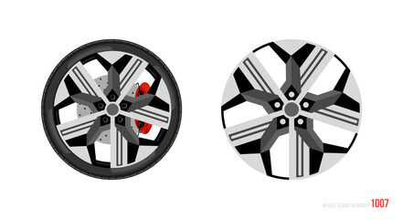 Realistic car rim. Wheel and rim symbol in modern and flat style. Vector illustration of car element for web and mobile design. Isolated on white background.