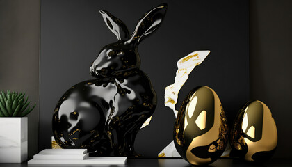 an artistic product. Rabbits and eggs made of black marble and gold. Jewelry, design, jewelry. concept of the holiday. Easter. generative AI