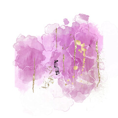 Watercolor abstract smudge paint, magenta accent color with golden element, wet brush strokes on transparent background