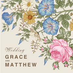 Wedding marriage thanks invitation. Beautiful blooming flowers. Vintage greeting card Frame Drawing engraving. Petunia Chamomile Rose isolated floral. Wallpaper background. Vector baroque Illustration