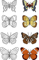 Hand butterflies. Set of vector butterflies, line and color. Vector illustration in doodle style. Coloring pages.
