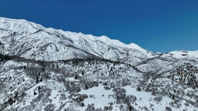 Aerial mountain canyon forest winter snow 1. Nebo Scenic Byway, Utah, national drive for beauty and nature. Beautiful season winter snow on Wasatch mountain forest. Travel destination. Alpine wil