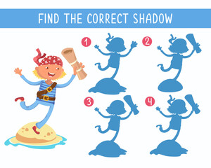 Fototapeta premium Find correct shadow. Educational puzzle game for children. Cute pirate with map. Vector cartoon illustration.