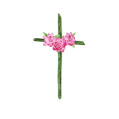 Religious cross isolated. Watercolor wooden sticks Christian cross decorated with pink roses. The hand-painted catholic or orthodox symbol for the first community and Easter.