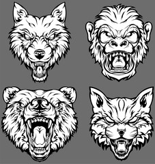 Head of bear, cat, monkey,wolf. Abstract character illustrations. Graphic logo design template for emblem. Image of portraits.