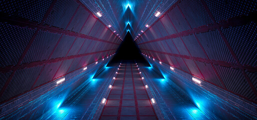 Futuristic interior corridor with blue pink neon lights walls. Triangle shaped spaceship background in space station. Pyramid style tunnel with lit path way. Cyber room with sci fi laser. 3d rendering © sdecoret