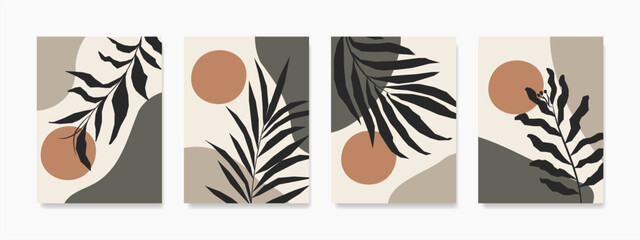 Abstrack shapes and Botanical wall art set. Earth tones landscapes wallpaper. Tropical wall decor for framed prints, canvas artwork, posters, home decor, covers, and wallpaper.
