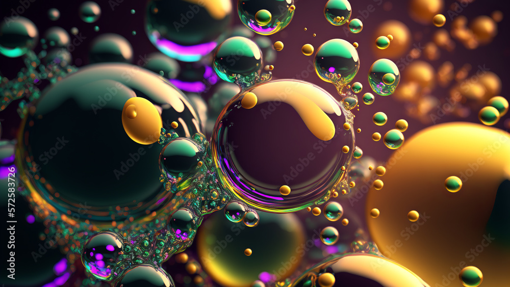 Poster bubbles background with psychedelic colors. surreal wallpaper with curvy organics circle shapes. gen