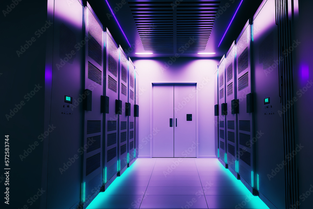 Fototapete dark servers data center room with computers and storage systems and purple blue glowing elements. g