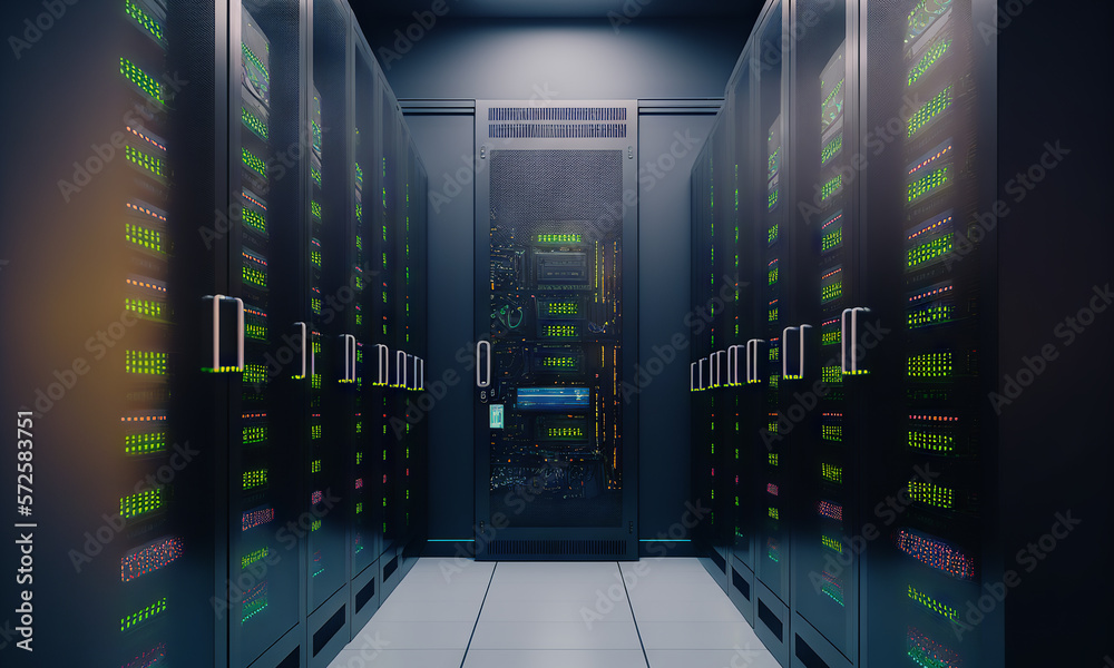 Poster Dark servers data center room with computers. Storage systems corridor interior with glowing elements. Generative ai