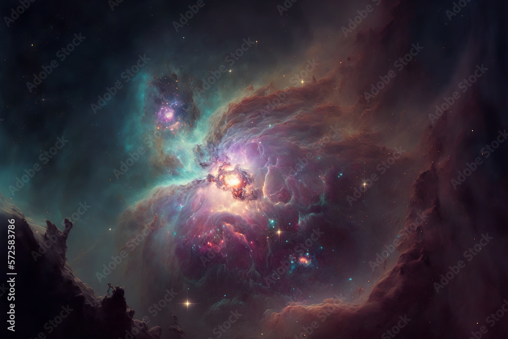 Fototapete Large view of a colorful dark nebula in space. Cosmic background with bright shining stars, galaxies and deep universe. Generative ai