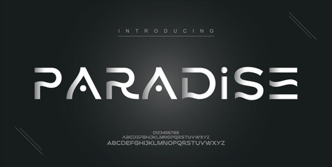 Paradise digital modern alphabet new font. Creative abstract urban, futuristic, fashion, sport, minimal technology typography. Simple vector illustration with number